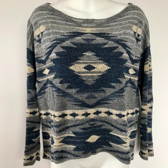 RALPH LAUREN Cotton Southwest Tribal Print Pullover Sweater blues greys cream M - Picture 5 of 14